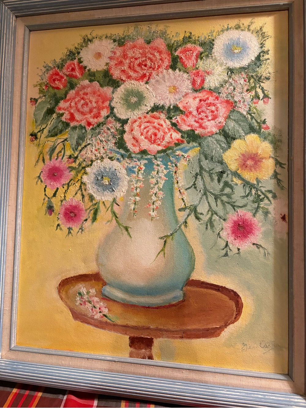 Vintage Orginal Oil Floral Bouquet Canvas Art in Blue Vase - Home Art